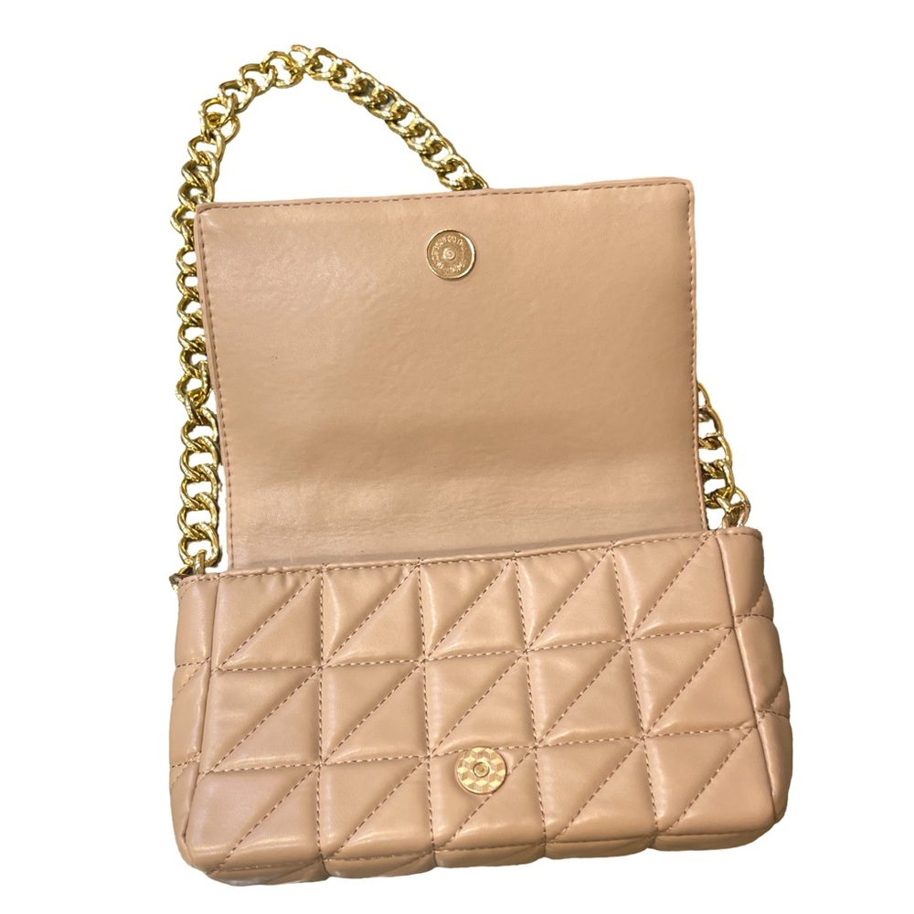 Quilted Nude Faux Leather Shoulder Bag | Chunky Gold Chain Strap - Picture 2 of 6
